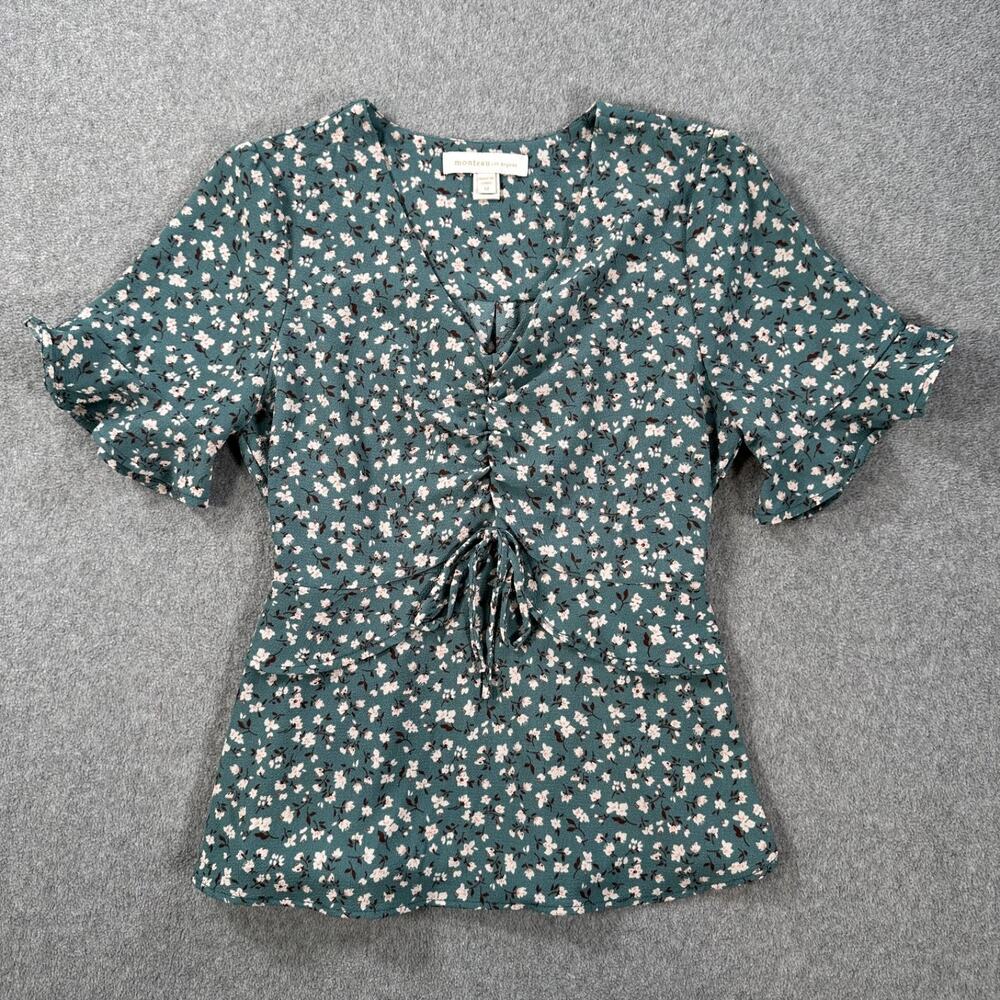 Monteau Floral V-Neck Blouse Women's Medium Short Sleeve Bow Ruched